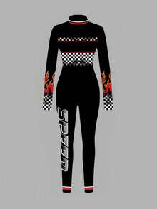 Slaydiva Casual Street Fashion Y2K Flame Checkerboard Letter Print Long Sleeve Front Zipper Jumpsuit, Comfortable For Autumn/Winter - Multicolor - View 2