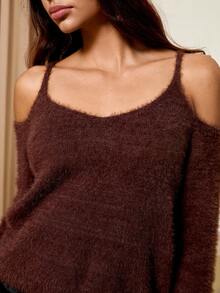 Lyxana Women's Off-Shoulder Soft Knit Camisole Top - Brown - View 3