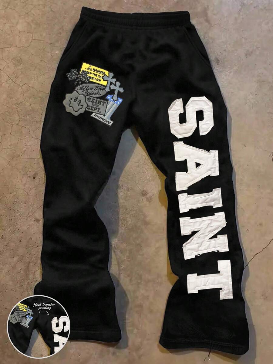 Manfinity Dauomo 男士休闲字母印花运动裤，秋冬 - 黑色 - 查看 1