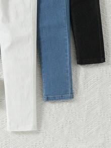 SHEIN 3 件套 TWEEN GIRLS 牛仔裤，高弹柔软牛仔面料，3 种颜色，腰部纽扣细节，休闲基本款，百搭版型，适合秋冬季，新款高价值牛仔裤套装 - 彩色 - 查看 6