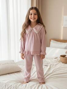 SHEIN Vintaside Kids 青少年女孩休闲蕾丝花边拼接领长袖上衣和裤子两件套睡衣套装 - 藕粉色 - 查看 3