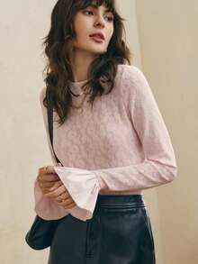 女式秋季新款法式圆领蕾丝拼接绉纱喇叭袖衬衫 - 粉色 - 查看 1