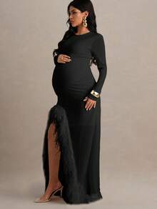 MaterniChic Pregnant Women's Elegant Patchwork Fuzzy Trim Long Sleeve Split Dress, Autumn - Black - View 4