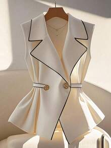 Franclia 1pc Women Contrast Trim Sleeveless Blouse, 1pc Women Apricot Waist Cinched Blouse