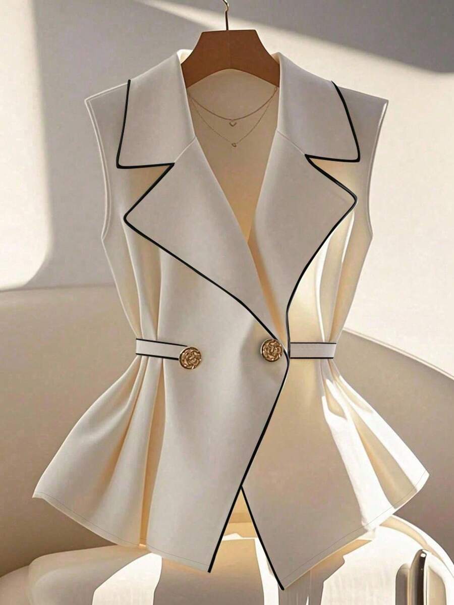 Franclia 1pc Women Contrast Trim Sleeveless Blouse, 1pc Women Apricot Waist Cinched Blouse