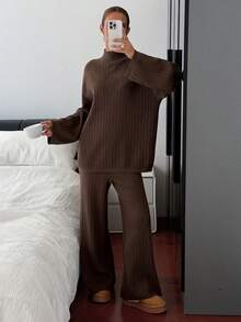 Livesso 女士宽松商务休闲优雅办公室装，棕色高领针织毛衣和直筒裤套装，秋冬 - 棕色 - 查看 1