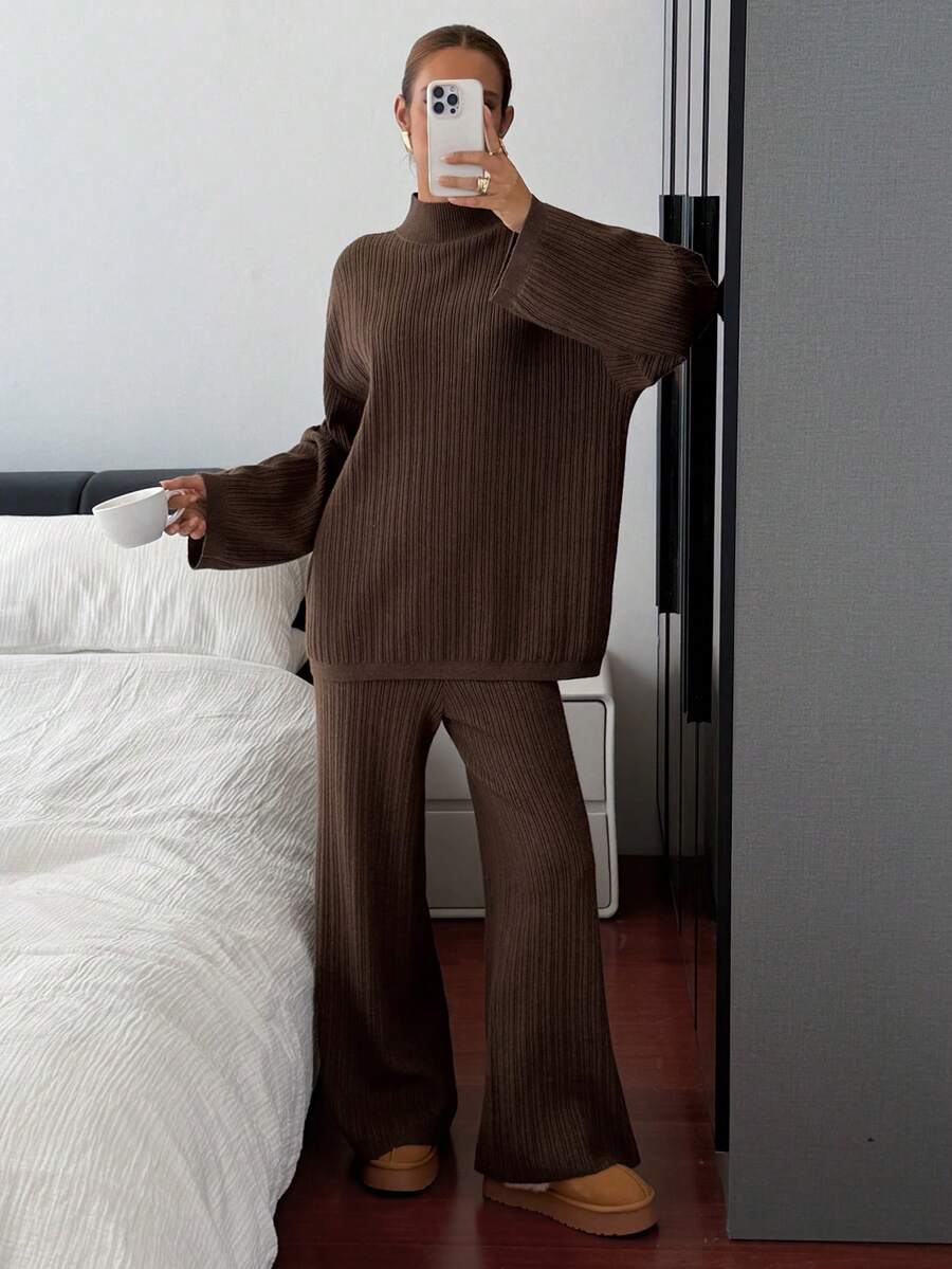 Livesso 女士宽松商务休闲优雅办公室装，棕色高领针织毛衣和直筒裤套装，秋冬 - 棕色 - 查看 1
