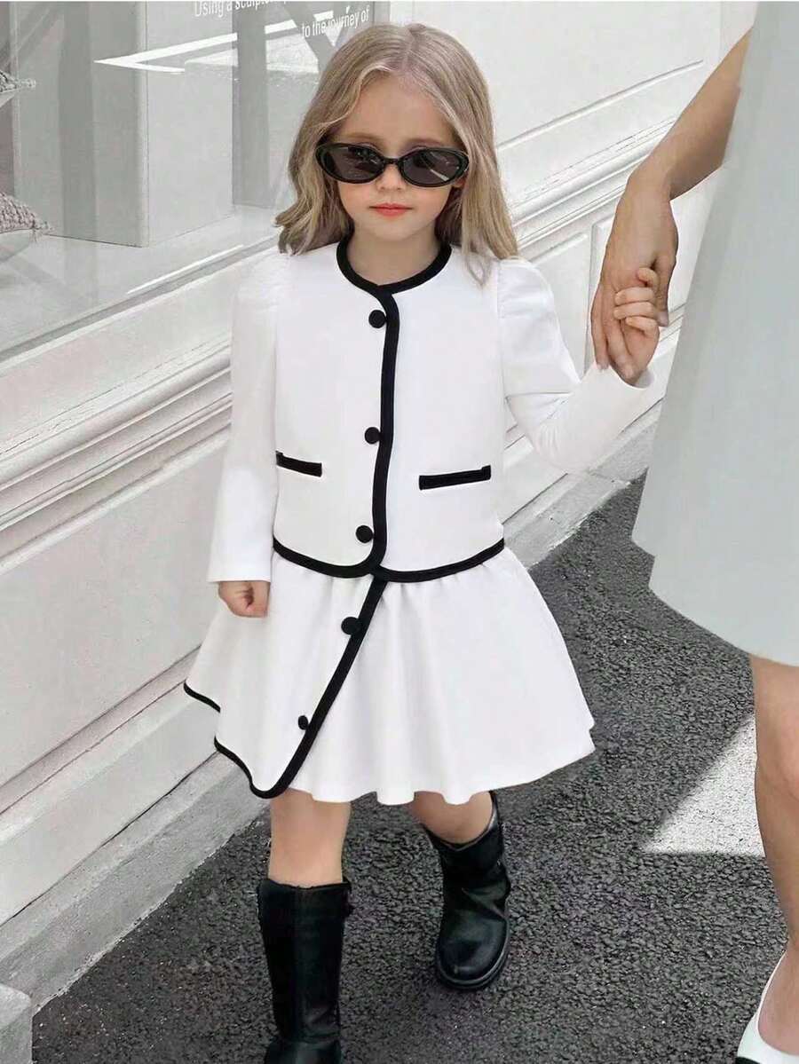 SHEIN Elladie kids 两件套少女时尚白色纽扣黑色长袖假口袋外套,搭配舒适的秋冬两合一半裙套装 - 白色 - 查看 1