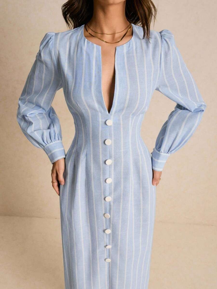 Poéselle 女式休闲通勤条纹腰中长连衣裙 - 藍色 - 查看 1