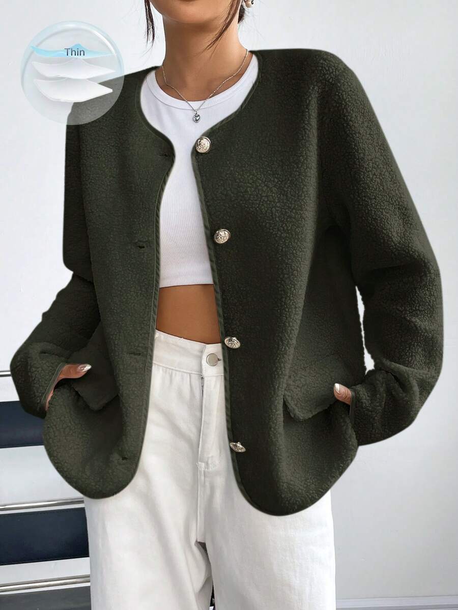 SHEIN Unity 纯色前扣休闲保暖长袖夹克，秋冬 - 軍綠色 - 查看 1