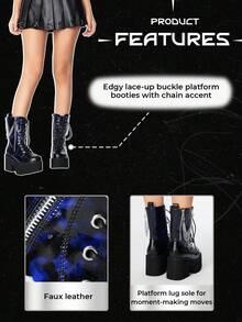 ROMWE Grunge Punk 女士时尚海军蓝双拉链厚底中筒靴，撞色哥特朋克风格摩托车靴，性感金属链装饰舒适侧拉链踝靴，万圣节 - 寶藍色 - 查看 7