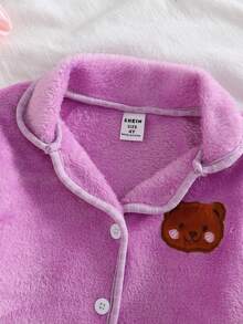 2件套 女童简约粉色小熊图案长袖上衣和裤子 舒适保暖抓绒睡衣 - 淡紫色 - 查看 3