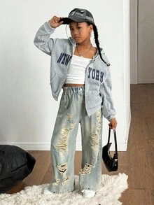 Kleine Mädchen Jacke mit englischen Buchstaben-Muster, Kontrast-Farbige Buchstaben-Muster Mischung im Streetstyle, warmes Strickgewebe geeignet für Herbst/Winter, leicht oversized Passform für Wachstumsraum, energiegeladener Campus & Street-Style! - Grau - Übersicht 7