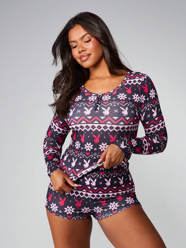 Missguided x Playboy Christmas Fairisle Long Sleeve Top With Shorts Set