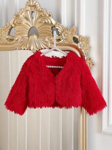 SHEIN Chaqueta corta y esponjosa de unicolor minimalista para niñas, adecuada para salidas en otoño/invierno - Rojo - Ver 3