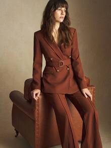 BizChic 2025 Autumn/Winter New Brown Notched Collar Double-Breasted Metal Button Adjustable Waist Metal D-Ring Design Women's Blazer, Modern Elegant Urban Commute Everyday Casual 90s Christmas New Year, Thanksgiving Party, Beach Graduation Fashion, Versatile Romantic Minimalist, Suitable For Wedding Guest, Host, Date, Party, Concert, Brunch, Airport, Multi-Occasion