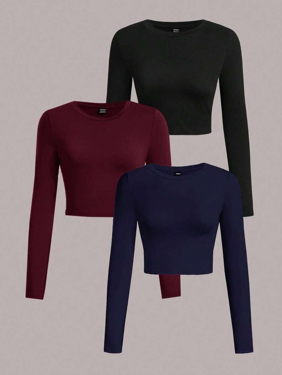 SHEIN EZwear 3 件套休闲简约圆领长袖短款修身女式 T 恤，秋冬 - 彩色 - 查看 1