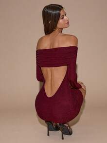 SHEIN BAE 1 chiếc váy ngắn ôm sát tay dài trễ vai màu trơn dành cho nữ, thanh lịch và gợi cảm cho tiệc tùng, cocktail, dịp trang trọng, phù dâu, sinh nhật, giáng sinh, halloween - Màu Đỏ Sâu - Xem 1