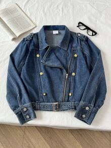 Elamini 女士时尚通勤牛仔上衣（配腰带）秋季 - 中等水洗藍 - 查看 4