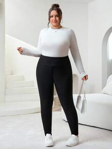 SHEIN CURVE+ 大码女式休闲纯色高腰加厚羊毛紧身裤，百搭日常通勤，秋冬装 - 黑與白 - 查看 6