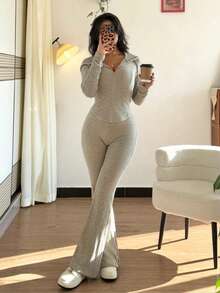 SHEIN PETITE 2 件套女式休闲连帽运动衫，带口袋和罗纹喇叭裤套装，适合日常穿着，秋冬 - 杏色 - 查看 7