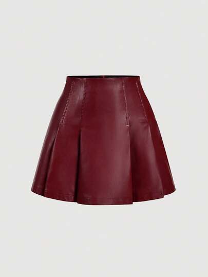 SHEIN MOD 红色褶皱女士PU皮革百搭迷你裙