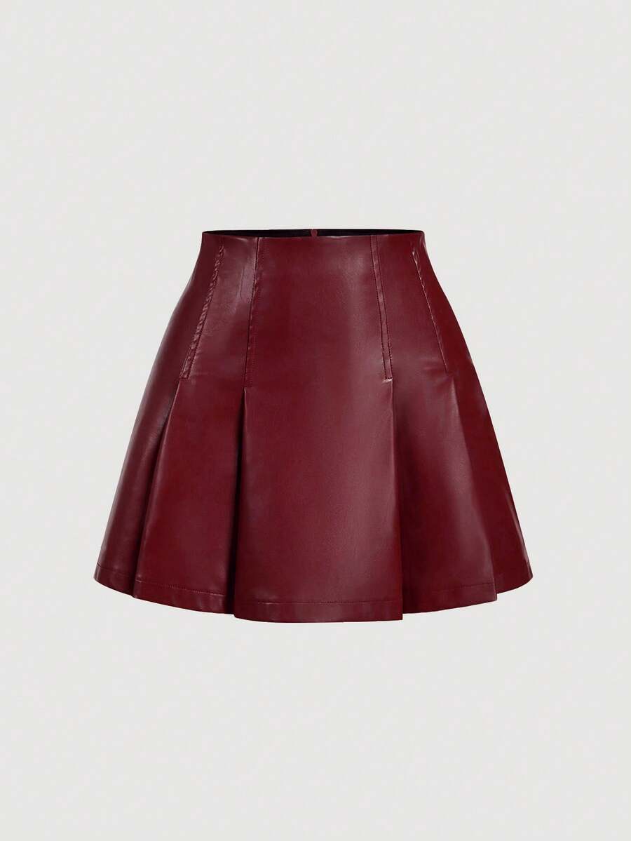 SHEIN MOD 红色褶皱女士PU皮革百搭迷你裙 - 紅色 - 查看 1