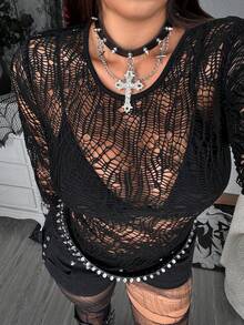 Whyspr Grunge Punk Plus Size Dark Sexy Sheer Mesh Hollow Elastic Long Sleeve Top - Black - View 5