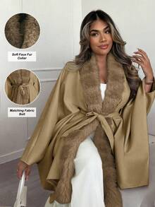 Lyxana Áo choàng Poncho buộc cổ lông giả cao cấp cổ điển dành cho nữ, mùa thu/đông - Màu Khaki - Xem 1