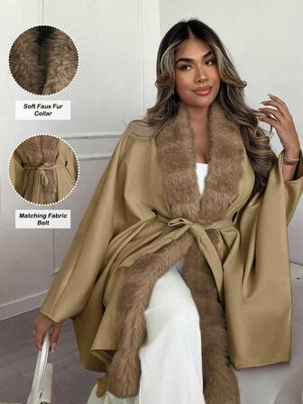 Lyxana Dam vintage exklusiv poncho med fuskpälskrage och knytband, ullkappa, höst/vinter