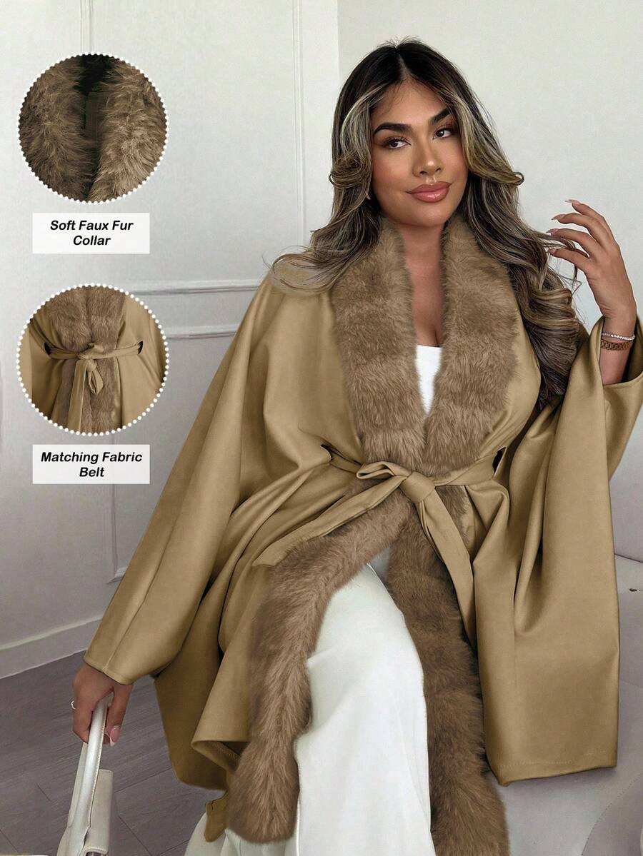 Lyxana Áo choàng Poncho buộc cổ lông giả cao cấp cổ điển dành cho nữ, mùa thu/đông - Màu Khaki - Xem 1