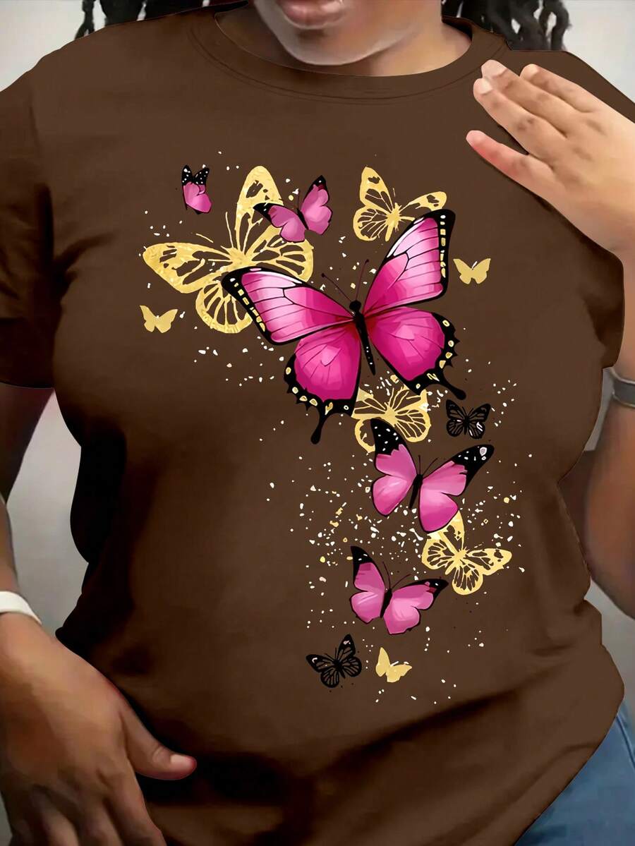 EMERY ROSE Plus Size Women Butterfly Print Short Sleeve Casual Round Neck T-Shirt - Coffee Brown - View 1