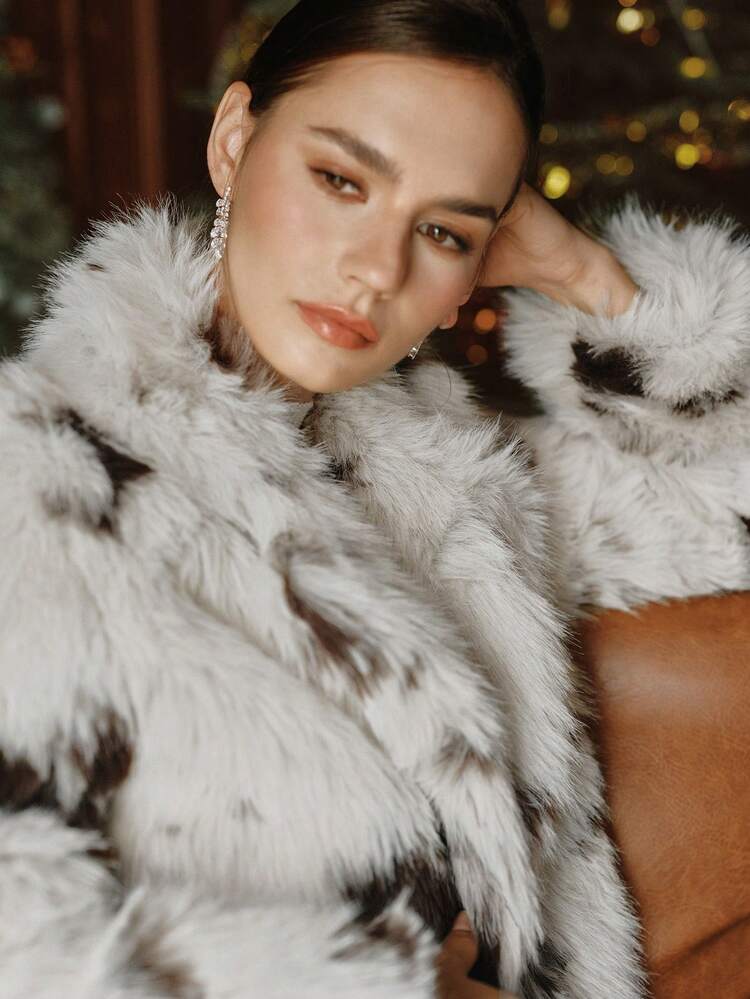Women's Long Faux Fur Cow Print Coat, Suitable For Autumn, Fall, Winter, Going Out, Elegant, Chic, Formal, Christmas, Casual