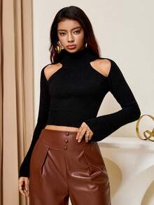 Lyxana Elegant Off-Shoulder High Neck Long Sleeve Knit Sweater - Black - View 4