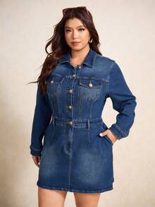 Elaquor 大码女式弹力修身牛仔休闲长袖短款牛仔连衣裙，初秋 - 深色水洗藍 - 查看 7