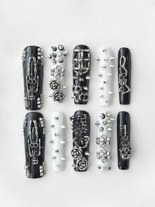 ROMWE Kawaii 10 Pieces Of Punk Style Hand-Worn Press-On Nails + 3 Pieces Of Nail Double-Sided Tape, With Metal Skull Decorative Fake Nail Pieces, High-Quality Rivet Color Matching Super Long Coffin-Type Nail Art, Reusable Nail Pieces In All Seasons, Suitable For Daily, Party, Dance Wear - Multicolor - View 1