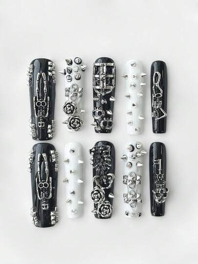 ROMWE Kawaii 10 Peças de Armadura de Mão de Estilo Punk Heavy Industry + 3 Peças de Fita Adesiva Dupla Face, com Peças de Unhas Decorativas Falsas de Caveira de Metal, Unhas Formato Caixão de Alta Qualidade com Combinação de Cores de Rebite Super Longo, Peças de Unhas Reutilizáveis em Todas as Estações, Adequado para Uso Diário, Festa, Dança.