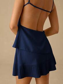 Enchnt 女士纯色高领露背无袖上衣和迷你裙休闲套装 - 藏蓝色 - 查看 7