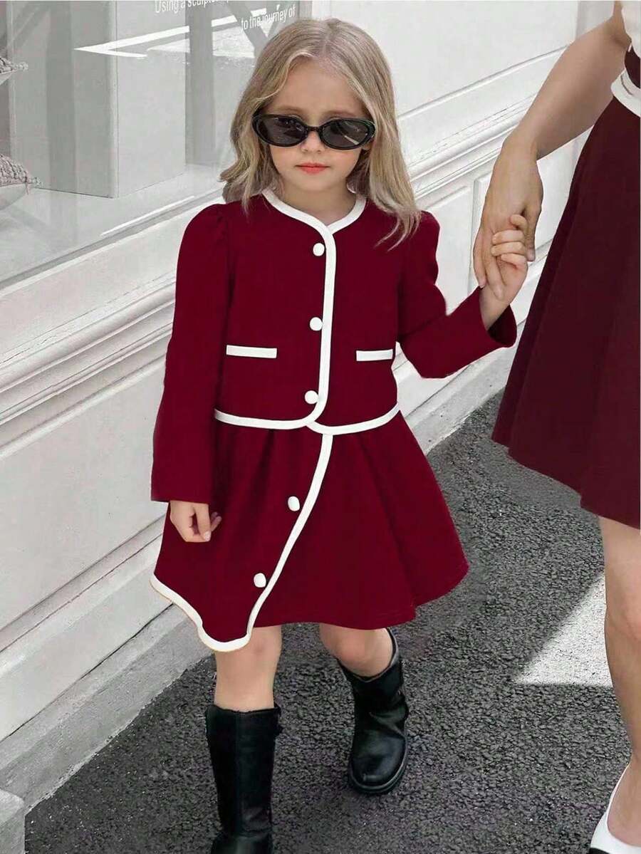 SHEIN Elladie kids 两件套少女时尚白色纽扣黑色长袖假口袋外套，搭配舒适的秋冬两合一半裙套装 - 酒紅色 - 查看 1
