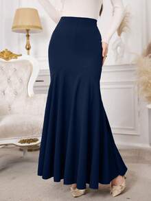 Modelyn Fitted High Waist Mermaid Flare Hem Women Skirt - Navy Blue - View 4