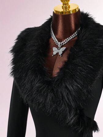  Y2K Amplova Women's Fur Collar Patchwork Tight Fit Long Sleeve T-Shirt, Autumn/Winter Thanksgiving And New Year Party Dress,Black Top,Sexy Top