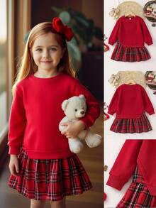 SHEIN Young Girls' Red Plaid Skirt Set,Long Sleeve Sweatshirt Dress,Winter Princess Outfit For Birthday & Back-To-School,Autumn Two Piece Kids Clothes Set - Red - View 11