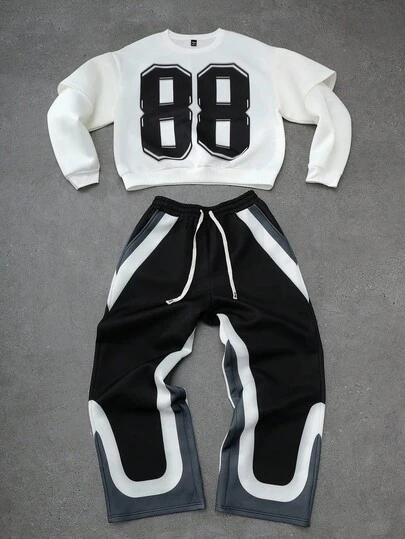 PAVTROS 2 件套男士超大码运动衫和运动裤套装，宽松落肩圆领运动衫，宽松版型阔腿运动裤，针织运动装，透气面料，独特的超大数字印花和拼色设计，街头服饰，休闲装，运动装，节日礼物，男女通用