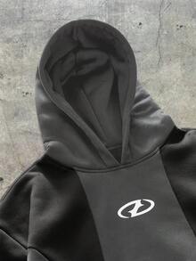 AXEPEAK 男士休闲撞色印花宽松连帽衫，秋季款，长袖上衣 - 灰色 - 查看 3