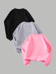 Set de 3 sudaderas de manga larga con cuello redondo con estampado de mariposas en negro, blanco y gris, adecuadas para ocasiones casuales como uso diario, salidas, viajes, apropiadas para niñas adolescentes de 13 a 16 años