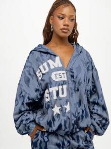 SUMWON WOMEN Oversized Camo Hoodie With Star Applique And Raw Edge Details Fall Winter Pullover Sweatshirt - Blue - View 8
