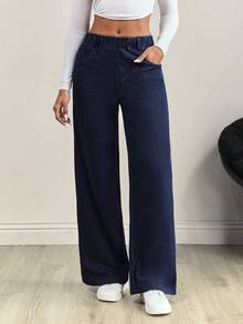 Flexra 女士松紧腰口袋针织休闲牛仔裤，简约时尚 - 藍色 - 查看 4