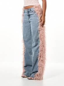 SUMWON WOMEN Quần jeans ống rộng ống loe cạp trễ phối lông vũ cho lễ hội phong cách Boho - Màu xanh lam - Xem 1