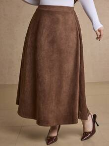 Dazy Plus Plus Size Women Elegant Thickened Long A-Line Suede Skirt, Fashion Autumn/Winter - Coffee Brown - View 7