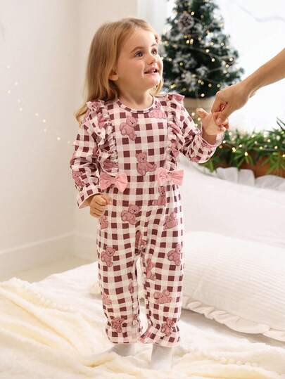 SHEIN 2件套女婴碎花荷叶边连体衣和可爱蝴蝶结装饰连体连衣裙套装